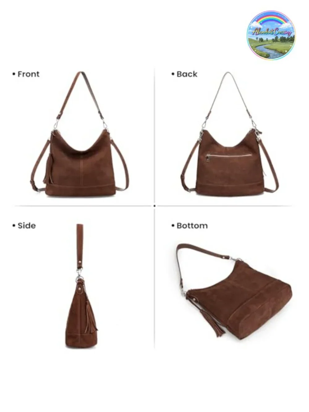 Genuine Suede Leather Hobo Crossbody Bag with Fringe, 2 Straps, Large 11L Purse